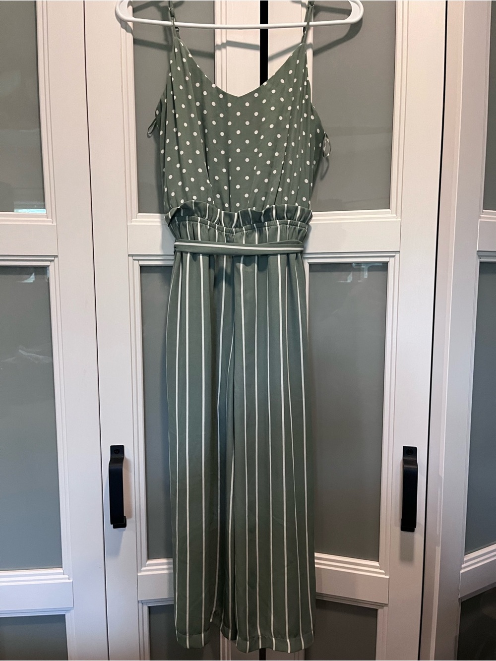 june & hudson Olive Green Polka Dot Bodice Stripe Wide-Leg Jumpsuit